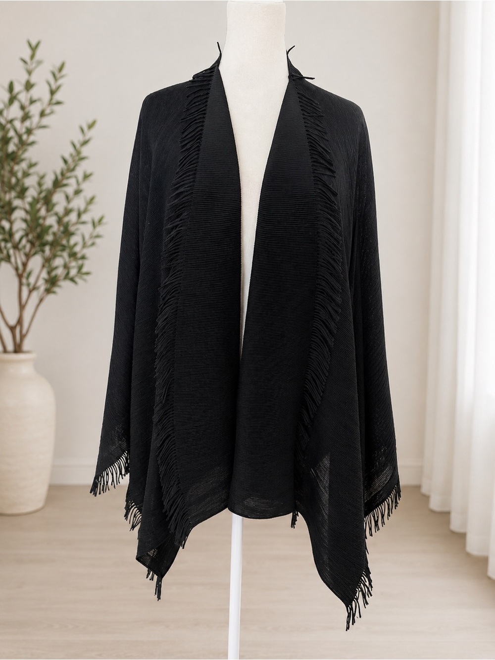 Black Fringed Open Front Shawl Wrap one size